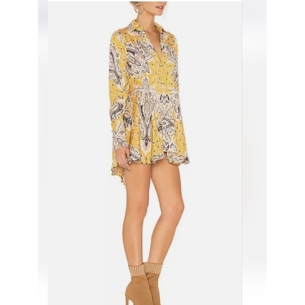 Free People Paisley Mini Dress Boho Mustard Yellow Small High Low Long Sleeve